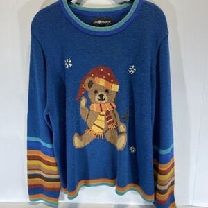 Vintage Sag Harbor Sport Teddy Bear Sweater XL Colorful Striped Holiday Knit